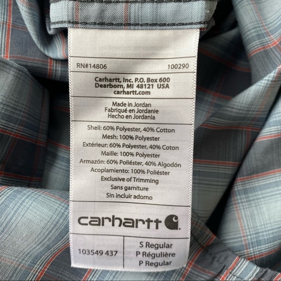 Carhartt Force Mens Shirt Small Relaxed Fit Plaid Vented Short Sleeve Button Up - Picture 8 of 8